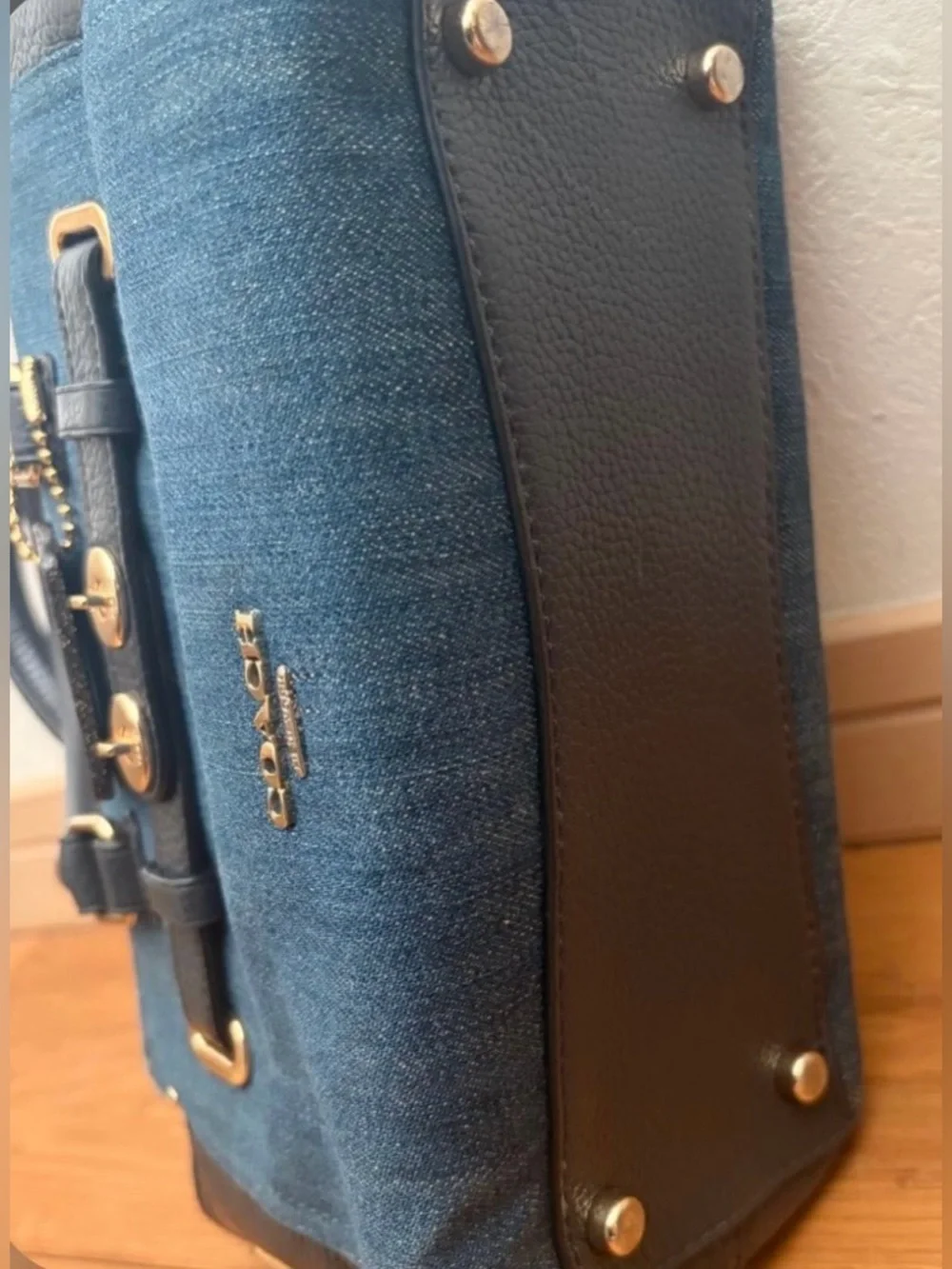 COACH Mini Swagger Denim and Black Pebble Leather Satchel w/Gold Tone Hardware - Picture 10 of 13